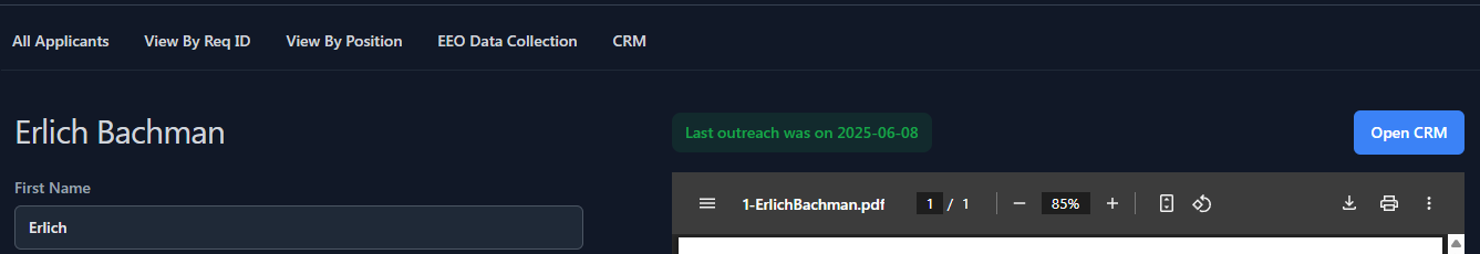 CRM access from applicant info page