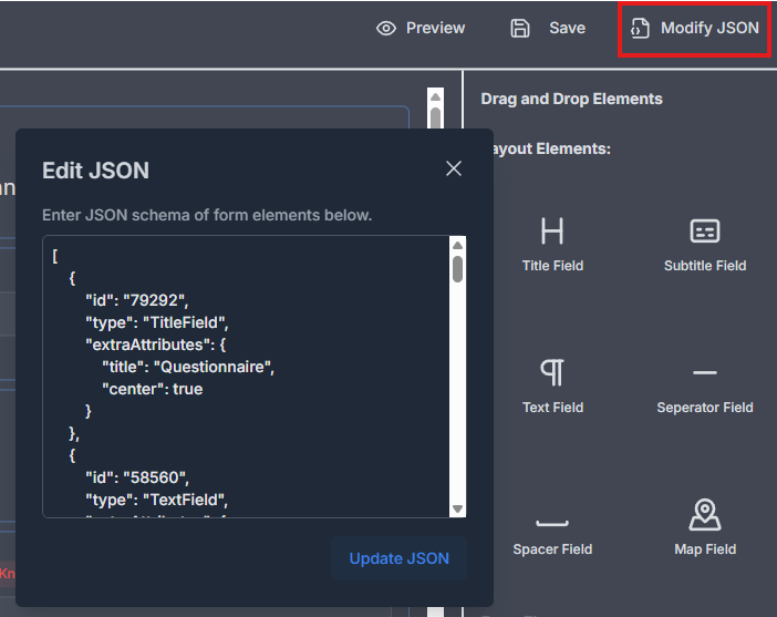 Questionnaire modify JSON